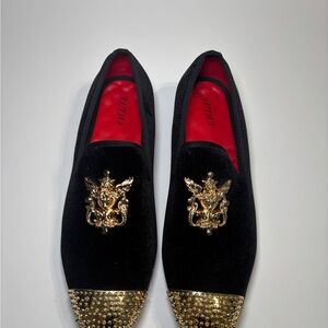 Black Velvet Loafers with Gold Embellishments